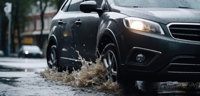 A car drives through a puddle in the rain